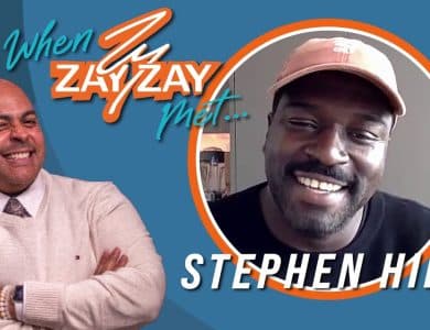 Promotional image for an interview segment titled “How Stephen Hill Beat the Odds and Became a Star on Magnum PI,” featuring a split-screen with ZayZay, a bald man in a white sweater