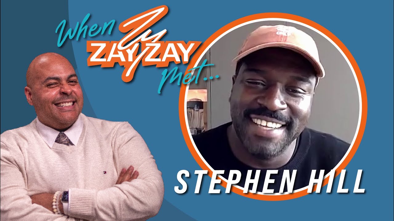Promotional image for an interview segment titled “How Stephen Hill Beat the Odds and Became a Star on Magnum PI,” featuring a split-screen with ZayZay, a bald man in a white sweater