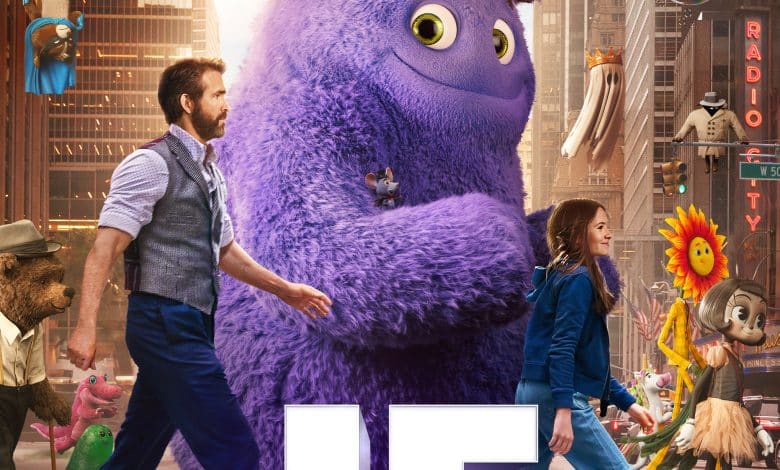 A movie poster for "IF" featuring a man walking next to a large, fluffy purple creature through a bustling city street filled with diverse characters and whimsical elements, like a sunflower with a face