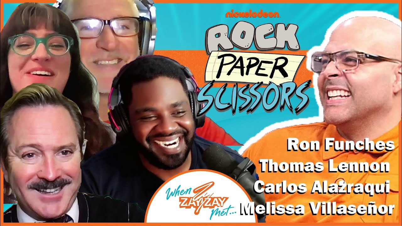 Promotional image for "rock paper scissors" featuring five excited cast members with colorful backgrounds and show logo at the top. Text introduces Nickelodeon's newest cast: Rock, Paper, Scissors and
