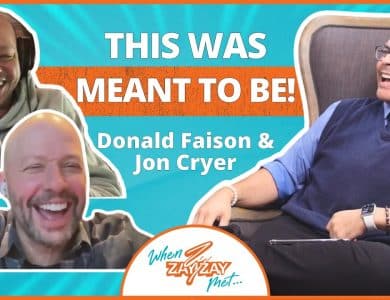 Promotional image for a podcast episode featuring Donald Faison and Jon Cryer, titled "Behind the Laughter of ‘Extended Family’" on "When ZayZay Met...". Features joyful