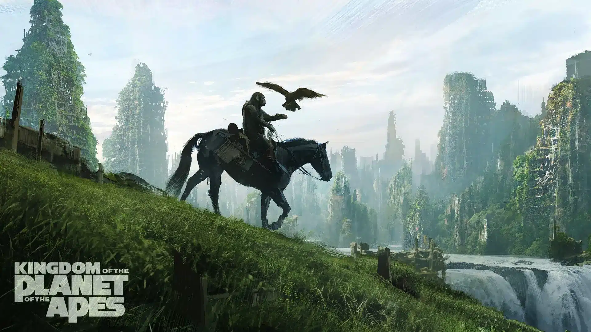 A rider on horseback in a lush, overgrown landscape with tall, green foliage and cascading waterfalls. The rider extends their arm as an eagle flies towards them. The image includes the text
