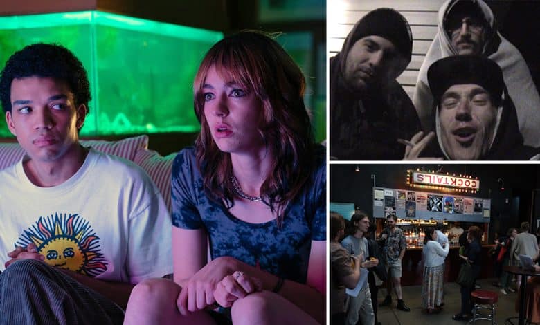 A collage of three images: top left shows a young man and woman sitting indoors, gazing intensely at an indie film; top right depicts three men in hoodies; bottom shows a bustling night market