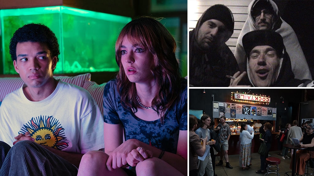 A collage of three images: top left shows a young man and woman sitting indoors, gazing intensely at an indie film; top right depicts three men in hoodies; bottom shows a bustling night market