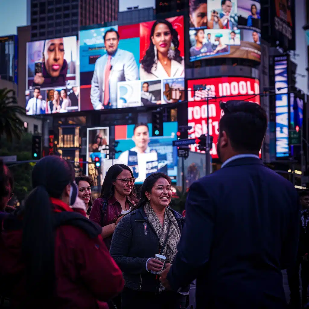 A group of people smiling and engaging in conversation in a bustling urban square with large digital advertising boards displaying the history of Latino and Hispanic Americans in the background. Evening lighting enhances the vibrant city atmosphere.