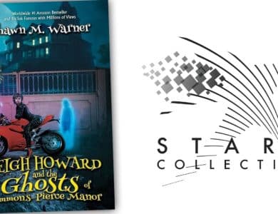 Two book covers displayed side by side. On the left, "Leigh Howard and the Ghosts of the Simmons-Pierce Manor" features a person on a red motorcycle in front of a spooky house