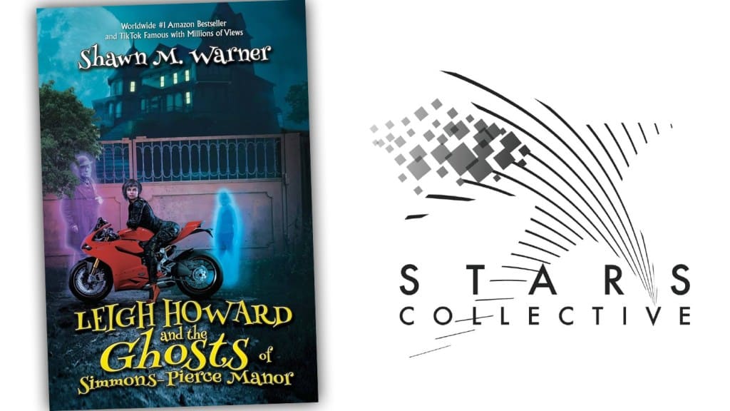 Two book covers displayed side by side. On the left, "Leigh Howard and the Ghosts of the Simmons-Pierce Manor" features a person on a red motorcycle in front of a spooky house