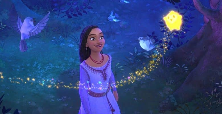 A cheerful animated young girl with long dark hair and a white tribal dress stands in a luminous mystical forest at twilight. Glowing flowers, floating lights, and white birds surround her, with a large