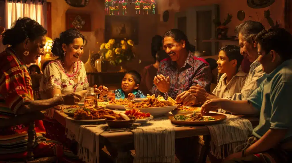 A joyful, multi-generational family gathers around a dining table filled with traditional dishes, celebrating the rich history of Latino and Hispanic Americans in a warmly lit room decorated with cultural ornaments. Laughter and
