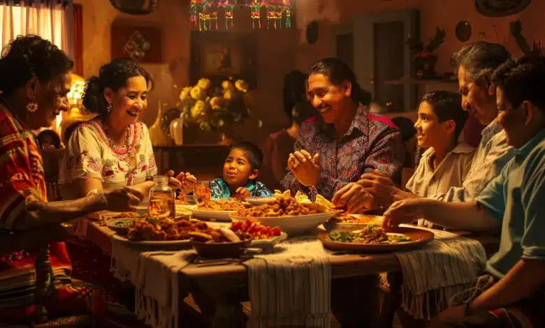 A joyful, multi-generational family gathers around a dining table filled with traditional dishes, celebrating the rich history of Latino and Hispanic Americans in a warmly lit room decorated with cultural ornaments. Laughter and