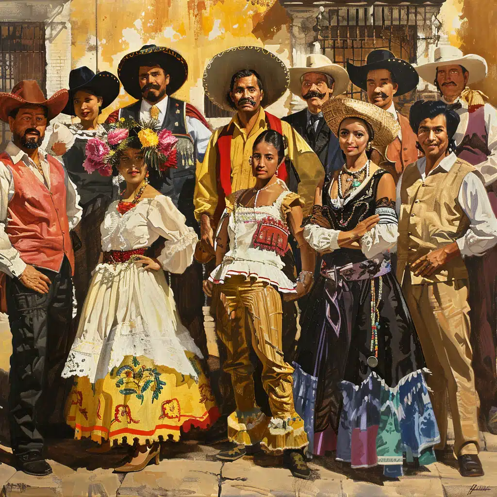 A vibrant painting depicting a group of twelve Mexican people in traditional attire, celebrating the history of Latino Americans. Men in sombreros and women in colorful, embroidered dresses stand proudly in a sunlit,