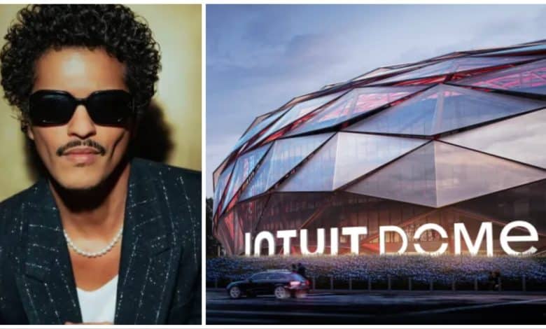 Split image featuring Bruno Mars in sunglasses and a black jacket on the left, and the modern, geometrically designed Intuit Dome building with a car passing by on the right.