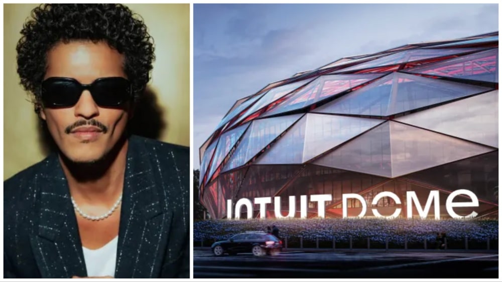 Split image featuring Bruno Mars in sunglasses and a black jacket on the left, and the modern, geometrically designed Intuit Dome building with a car passing by on the right.