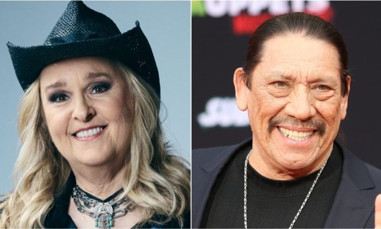 Side-by-side portraits of a smiling woman wearing a black cowboy hat and a man with slicked-back hair and a mustache, both dressed in black and looking directly at the camera. The woman bears