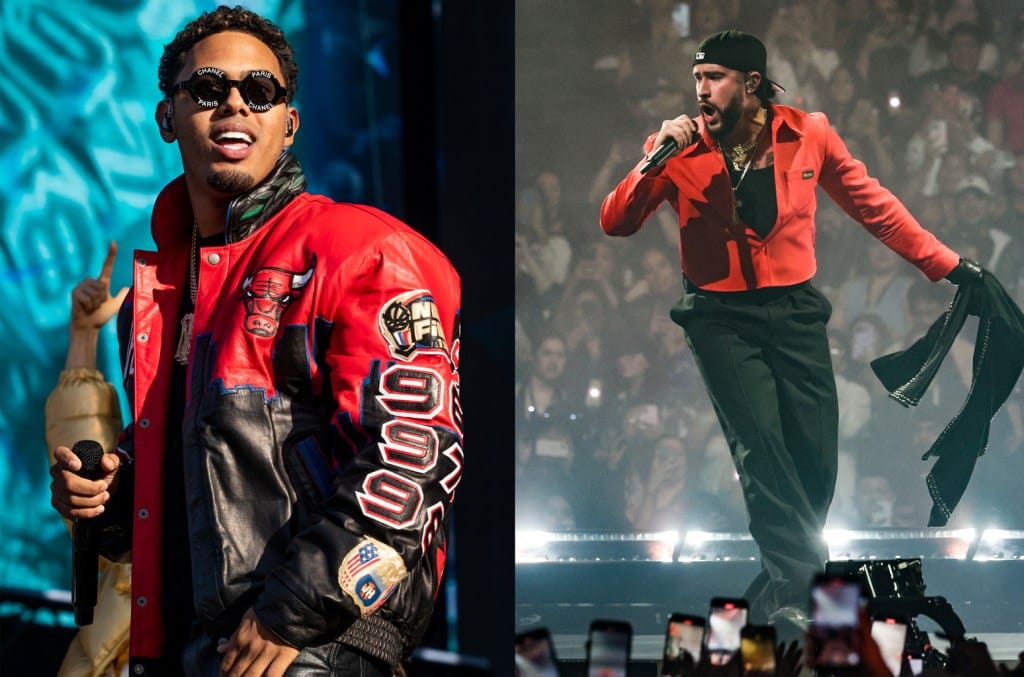 Split image featuring two male artists performing. left: a man in a colorful bomber jacket and sunglasses holds a microphone. right: a man in a red jacket and cap sings into a handheld microphone on a brightly lit stage.