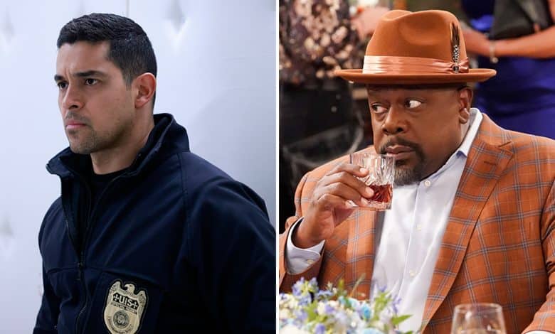 Split image: on the left, a man in an NCIS uniform with a serious expression. On the right, a man in a plaid suit and orange hat sips from a crystal glass,