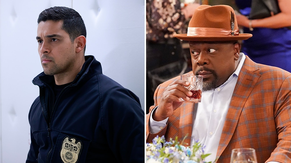 Split image: on the left, a man in an NCIS uniform with a serious expression. On the right, a man in a plaid suit and orange hat sips from a crystal glass,