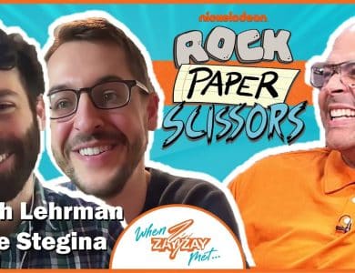 Promotional image for "Nickelodeon: Rock Paper Scissors" featuring Josh Lehrman and Kyle Stegina smiling, with the Nickelodeon logo on top and show title at