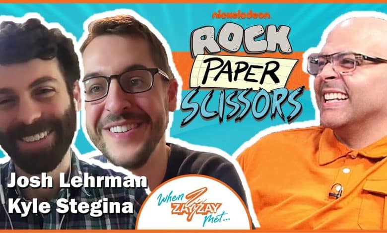 Promotional image for "Nickelodeon: Rock Paper Scissors" featuring Josh Lehrman and Kyle Stegina smiling, with the Nickelodeon logo on top and show title at