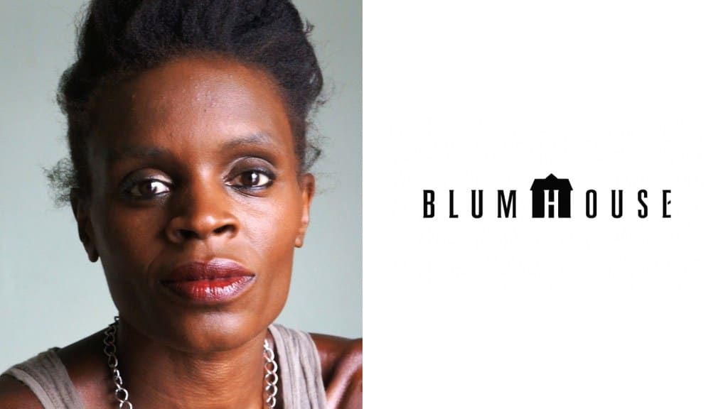 A split image with a close-up of Okpokwasili on the left and the logo of Blumhouse, which includes a stylized house above the text "blumhouse," on a