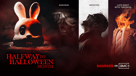 Promotional banner for Shudder's 2024 'Halfway to Halloween' Horror Lineup Revealed, featuring a sinister rabbit mask, a man labeled "baghead," an eerie "infested