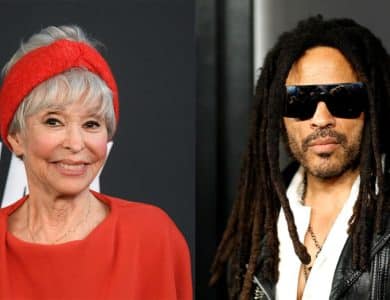 Side-by-side photos of a smiling elderly woman wearing a red blouse and headband, identified as Rita Moreno, and a man with dreadlocks wearing sunglasses and a leather jacket.