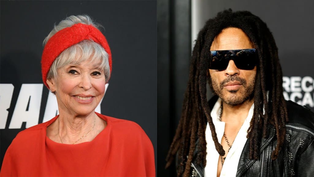 Side-by-side photos of a smiling elderly woman wearing a red blouse and headband, identified as Rita Moreno, and a man with dreadlocks wearing sunglasses and a leather jacket.