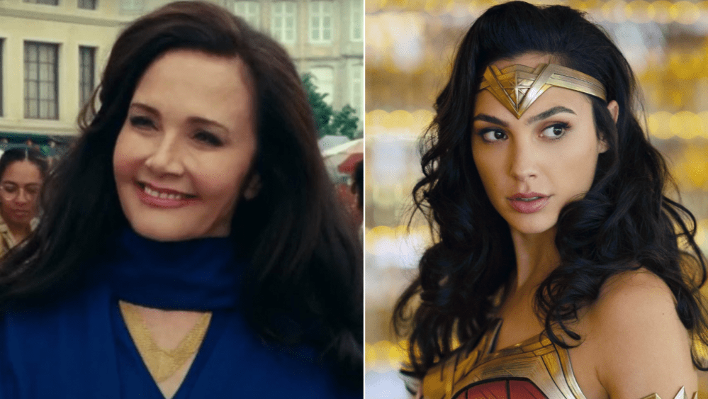 Side-by-side images of two women. On the left, a smiling woman with shoulder-length brown hair, wearing a blue scarf. On the right, Wonder Woman in gold armor and tiara, as