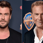 Split image of two men at an event with a Warner Bros. and CinemaCon backdrop. The first man has textured, short brown hair, stubble, and a black shirt. The second