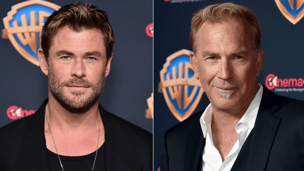 Split image of two men at an event with a Warner Bros. and CinemaCon backdrop. The first man has textured, short brown hair, stubble, and a black shirt. The second