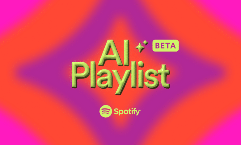 A vibrant graphic with a purple and pink gradient background. It features the text "AI Playlist" in bold, 3D green letters with a "beta" label in the top right corner