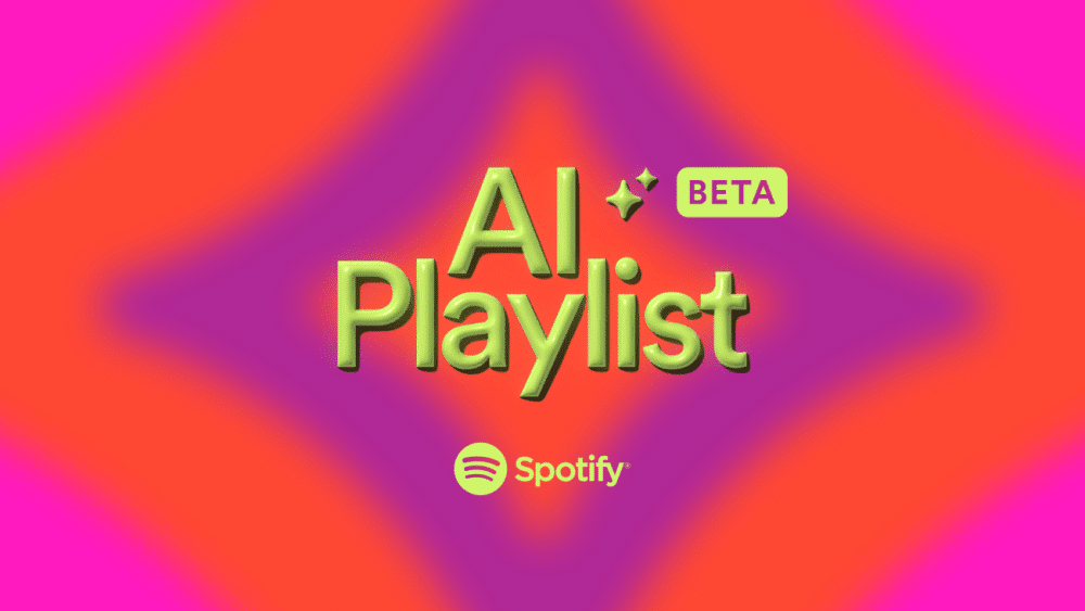 A vibrant graphic with a purple and pink gradient background. It features the text "AI Playlist" in bold, 3D green letters with a "beta" label in the top right corner