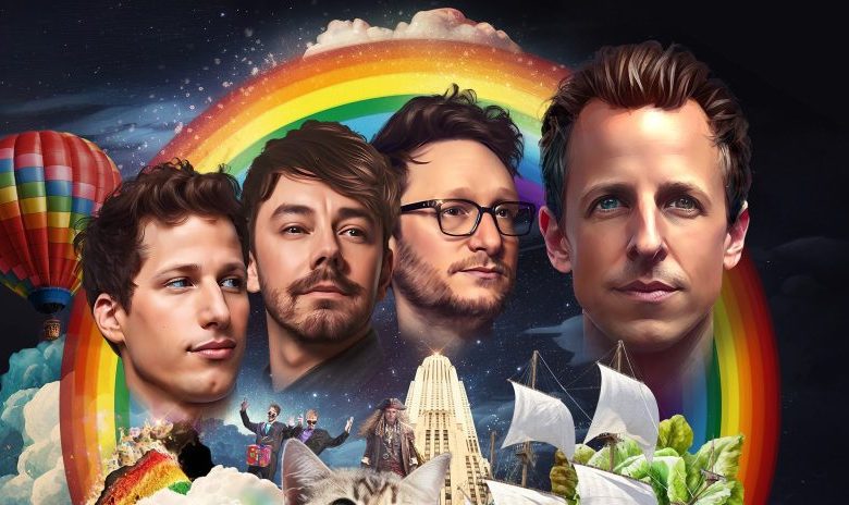 This image features a surreal collage with four men's faces, representing Lonely Island & Seth Meyers' 'SNL' Backstories Podcast, set against a dark background and surrounded by a rainbow arc.
