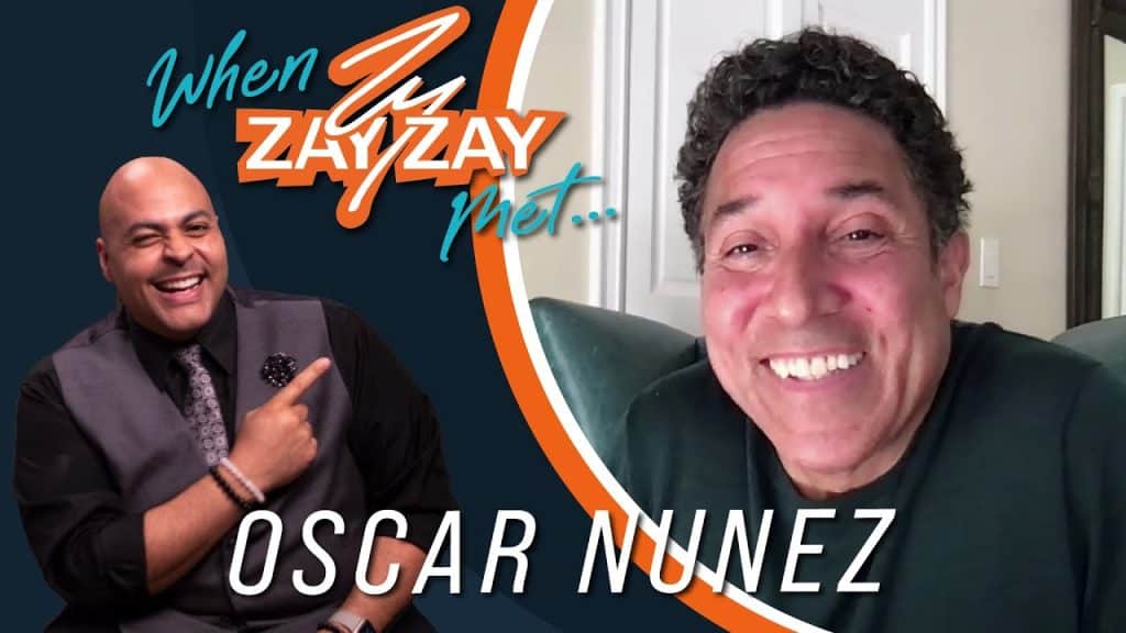 Promotional graphic for a video interview featuring a smiling man in a gray suit on the left and Oscar Nunez, "The Office" star, smiling on a video call screen on the right,