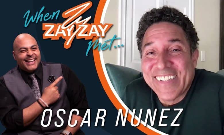 Promotional graphic for a video interview featuring a smiling man in a gray suit on the left and Oscar Nunez, "The Office" star, smiling on a video call screen on the right,