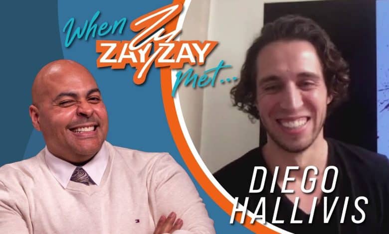 A promotional graphic for an interview segment titled "When Zay Zay Met..." featuring an image with two men: one on the left in a beige sweater smiling, and on the right, a screen