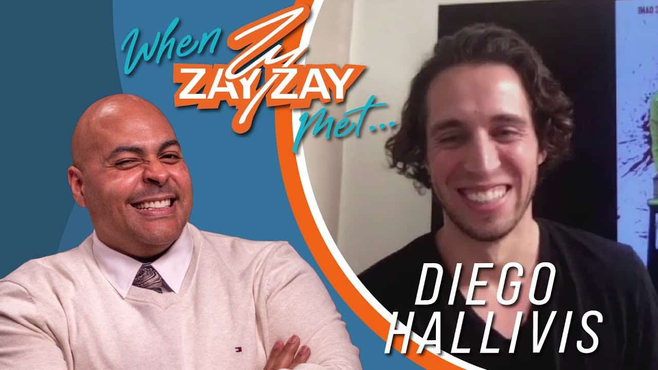 A promotional graphic for an interview segment titled "When Zay Zay Met..." featuring an image with two men: one on the left in a beige sweater smiling, and on the right, a screen