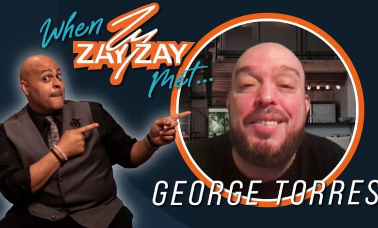 Graphic for a show titled "When Zay Zay Met George Torres aka Urban Jibaro," featuring Zay Zay, a bald man in a suit, pointing animatedly at a circular frame