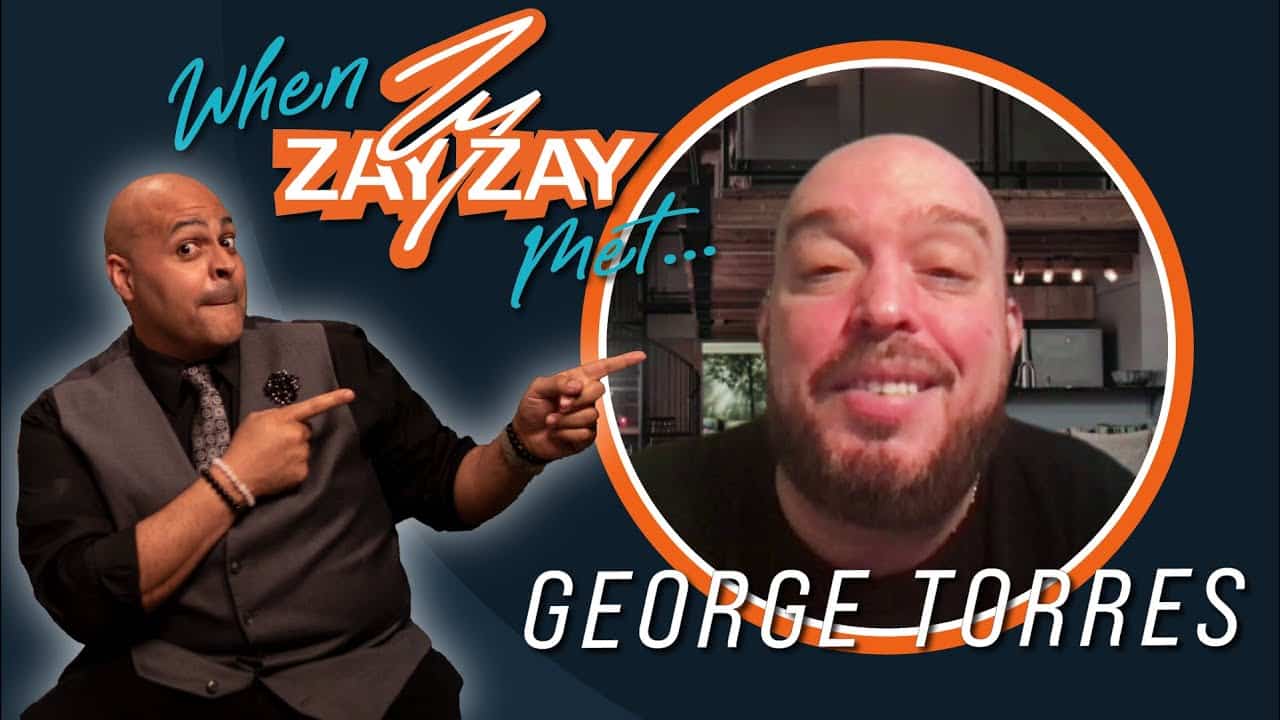 Graphic for a show titled "When Zay Zay Met George Torres aka Urban Jibaro," featuring Zay Zay, a bald man in a suit, pointing animatedly at a circular frame