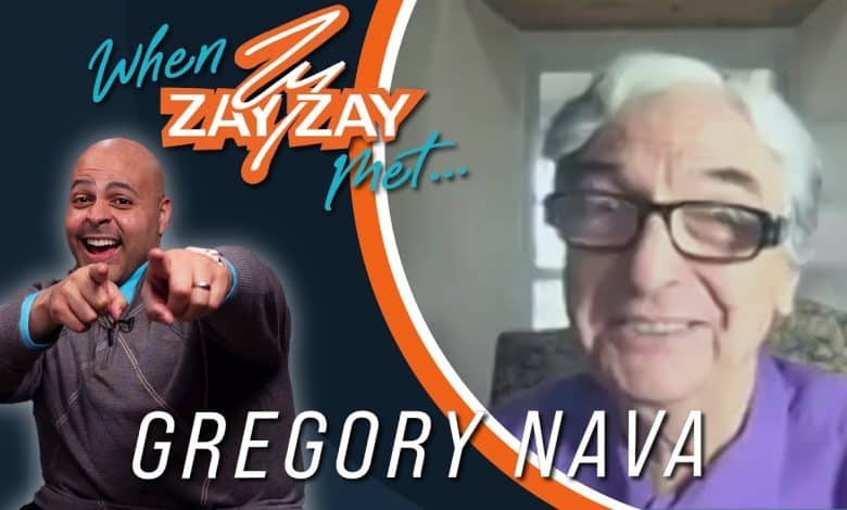 Promotional graphic for a video featuring a joyful bald man pointing at the camera, next to the text "When Zay Zay Met... Gregory Nava," followed by a video call screenshot of an