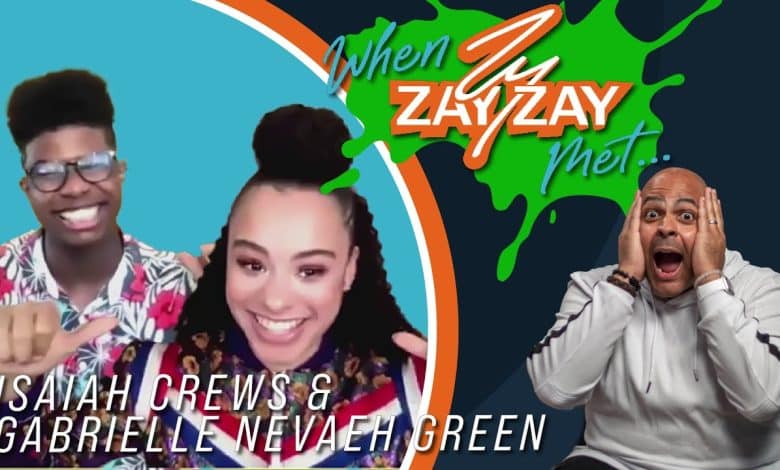 A promotional image for "When Zay Zay Met..." featuring two joyful young hosts, Isaiah Crews & Gabrielle Nevaeh Green, with a man expressing surprised delight on the right. Bright