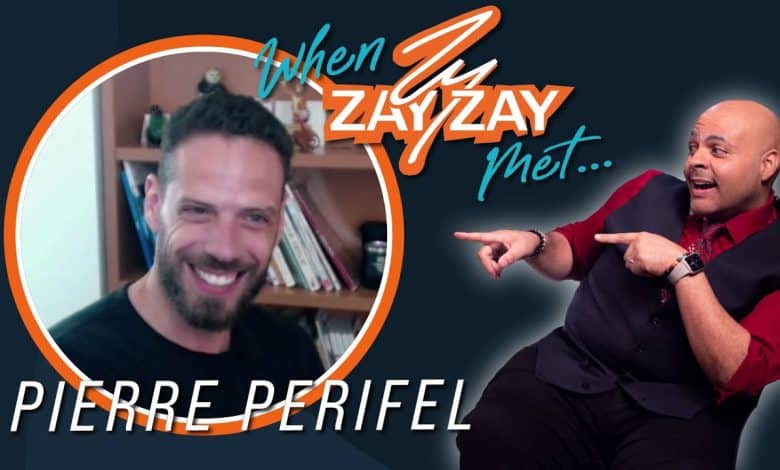 Promotional image for a podcast episode titled "When Zay Zay Met... Pierre Perifel," featuring two men: one smiling in a small circle on the left, and the other, bald