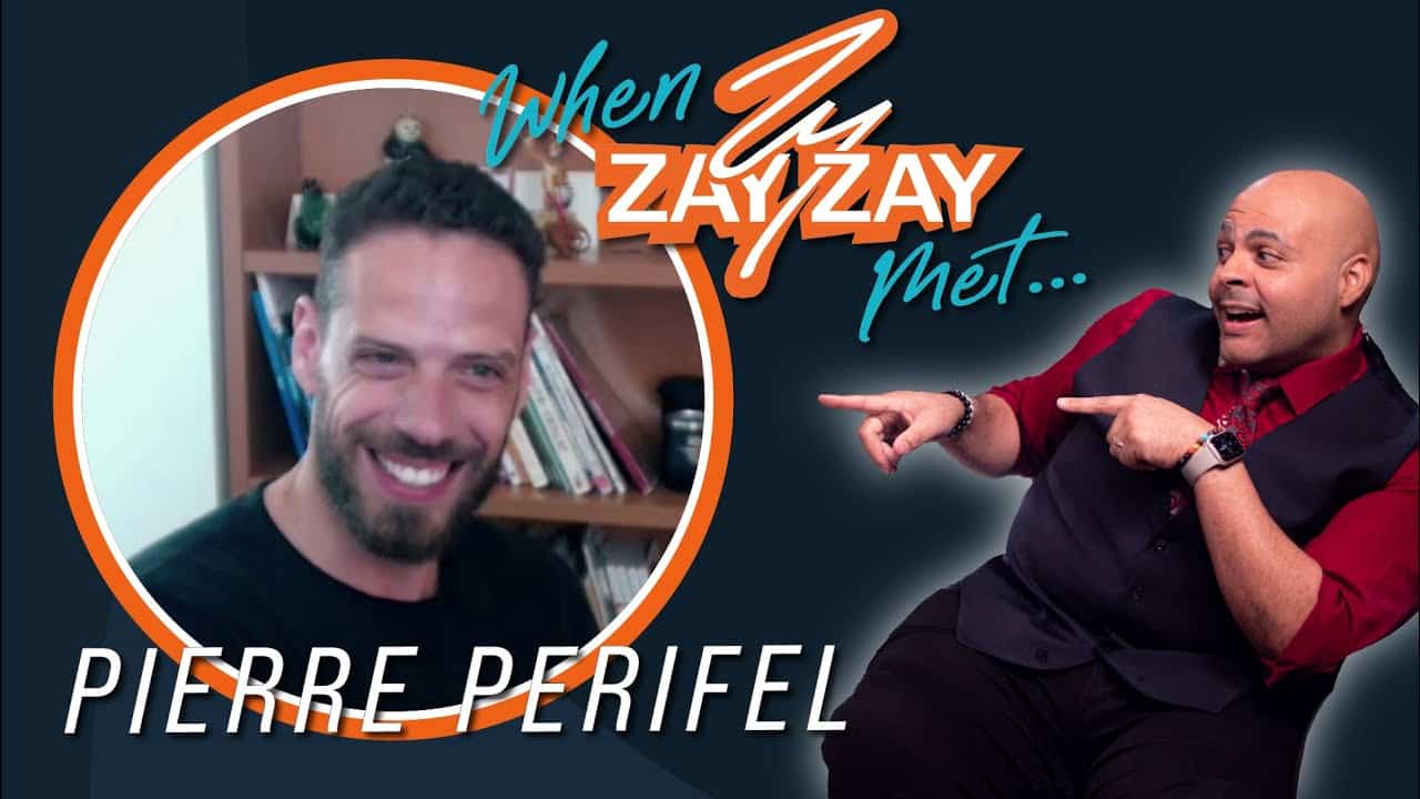 Promotional image for a podcast episode titled "When Zay Zay Met... Pierre Perifel," featuring two men: one smiling in a small circle on the left, and the other, bald