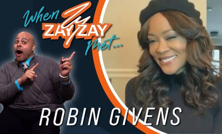 Promotional image for an interview featuring a surprised man pointing at text "When Zay Zay Met... Robin Givens | TV Royalty" and actress Robin Givens smiling, with her