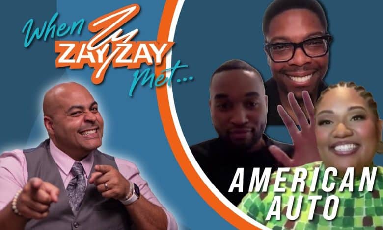 Promotional graphic for "When Zay Zay Met American Auto," featuring two separate images. On the left, a bald man in a checkered suit is pointing at the camera; on the right
