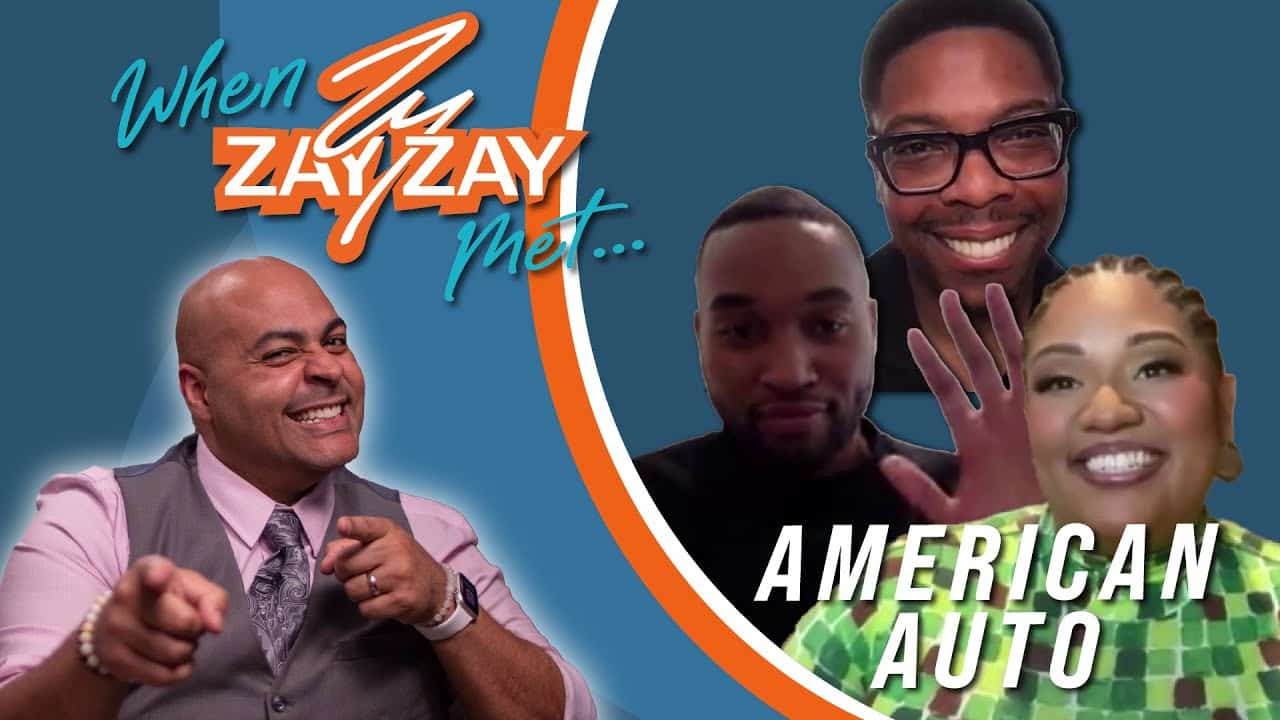 Promotional graphic for "When Zay Zay Met American Auto," featuring two separate images. On the left, a bald man in a checkered suit is pointing at the camera; on the right