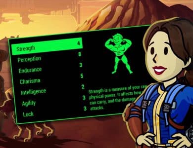 A cartoon-style graphic for a video game character creation screen featuring two characters, one male in a western outfit and one female in a futuristic jumpsuit. In the foreground, a digital board displays attributes like