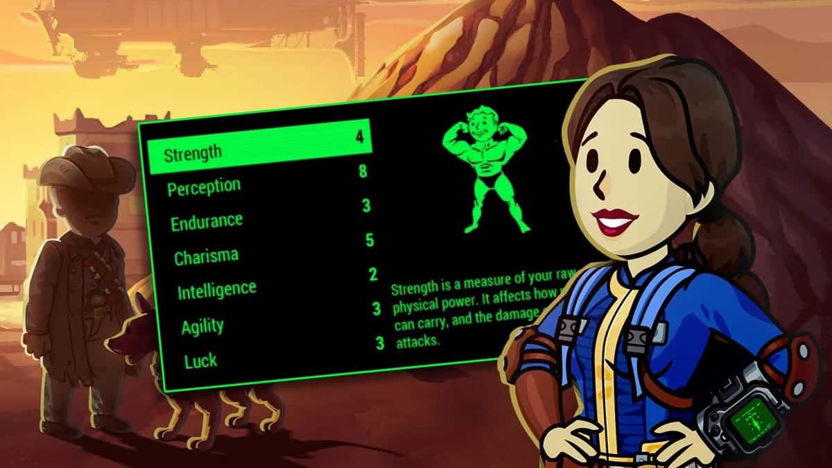A cartoon-style graphic for a video game character creation screen featuring two characters, one male in a western outfit and one female in a futuristic jumpsuit. In the foreground, a digital board displays attributes like