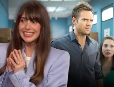 A collage of three office workers showing varied expressions. A woman on the left, resembling Alison Brie, smiles broadly, a middle man looks frustrated, and a woman on the right appears confused, all