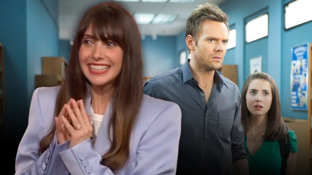 A collage of three office workers showing varied expressions. A woman on the left, resembling Alison Brie, smiles broadly, a middle man looks frustrated, and a woman on the right appears confused, all
